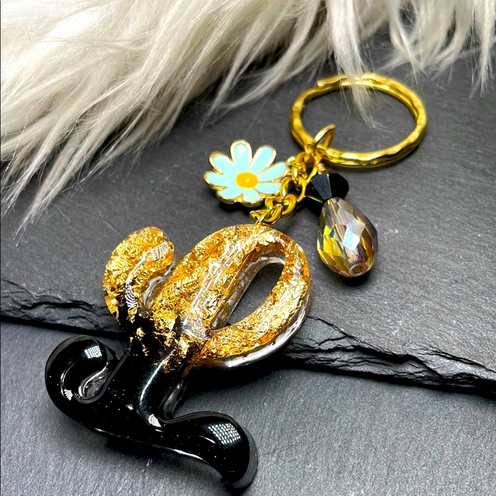 Custom Made Hand Crafted Gold Leaf & Black Resin Keychain With Austrian Crystal